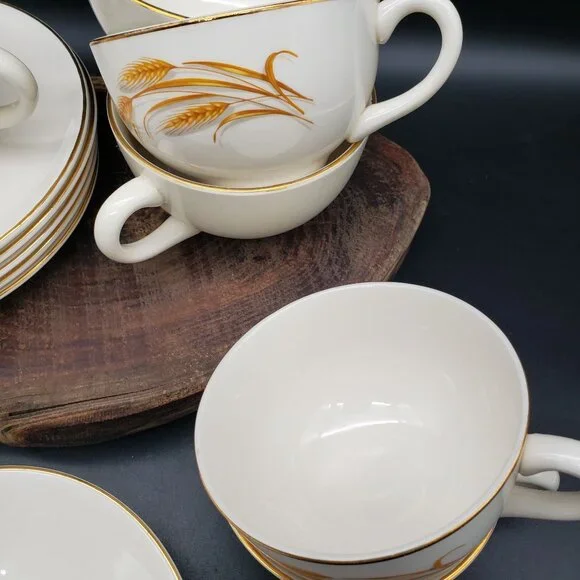 Golden Wheat 22K Gold Oven Proof Cup & Saucer Set 6 + Berry Bowl Made USA - Picture 4 of 12